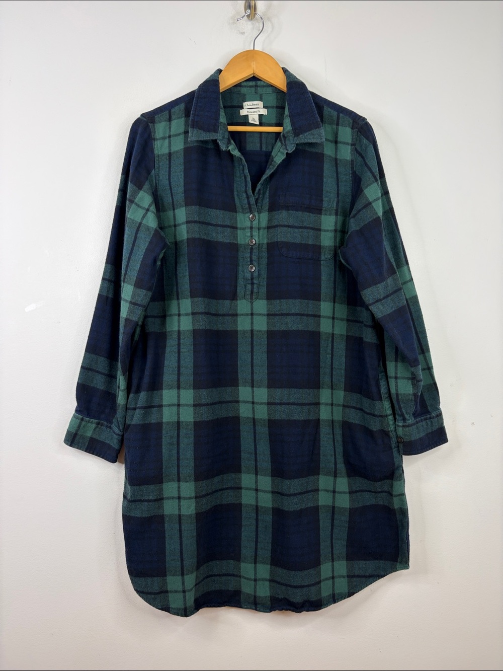 LL Bean Nightgown Womens XL Black Watch Blue Green Tartan Plaid Cotton Flannel